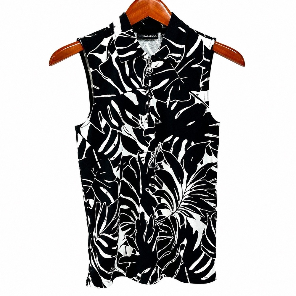 Rafaella Womens Tropical Palm Print Sleeveless Quarter Zip Polo Shirt Small BK